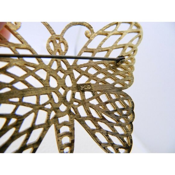 Vintage Gold Tone PL Signed Large Butterfly Filigr - Picture 5 of 5